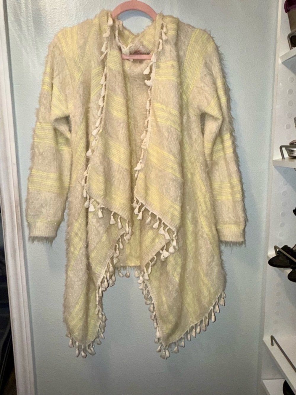 Open-Front Tassel Cardigan Sweater - Cream & Pale Yellow